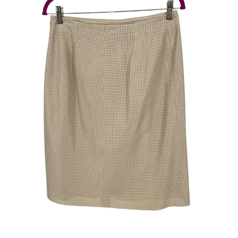 Les Copains 100% Shearling Leather Lamb Skirt sz 44 Large Beige Raw Hem Dots